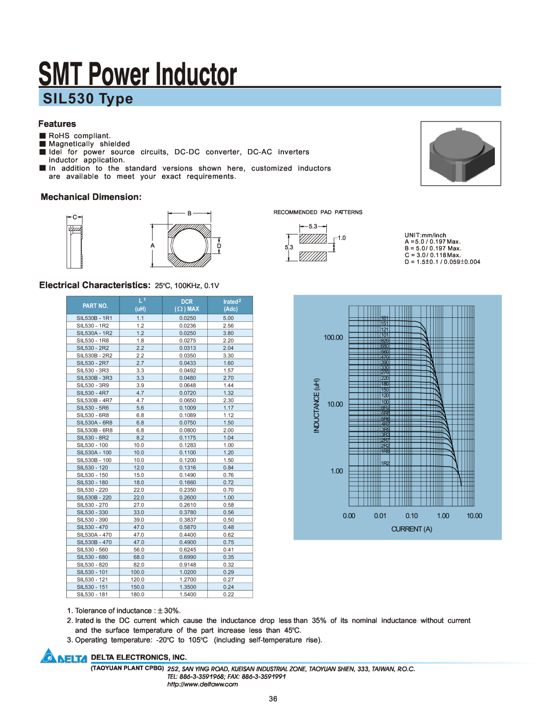 Delta Electronics manual SMT Power Inductor, SIL530 Type, Features, Mechanical Dimension, Tolerance of inductance, 1.00 