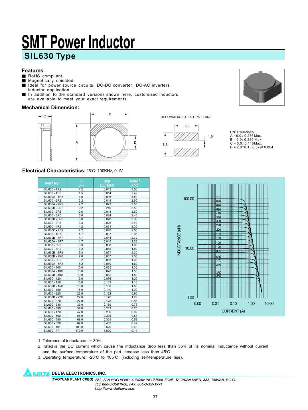 Delta Electronics manual SMT Power Inductor, SIL630 Type, Features, Mechanical Dimension, Tolerance of inductance 