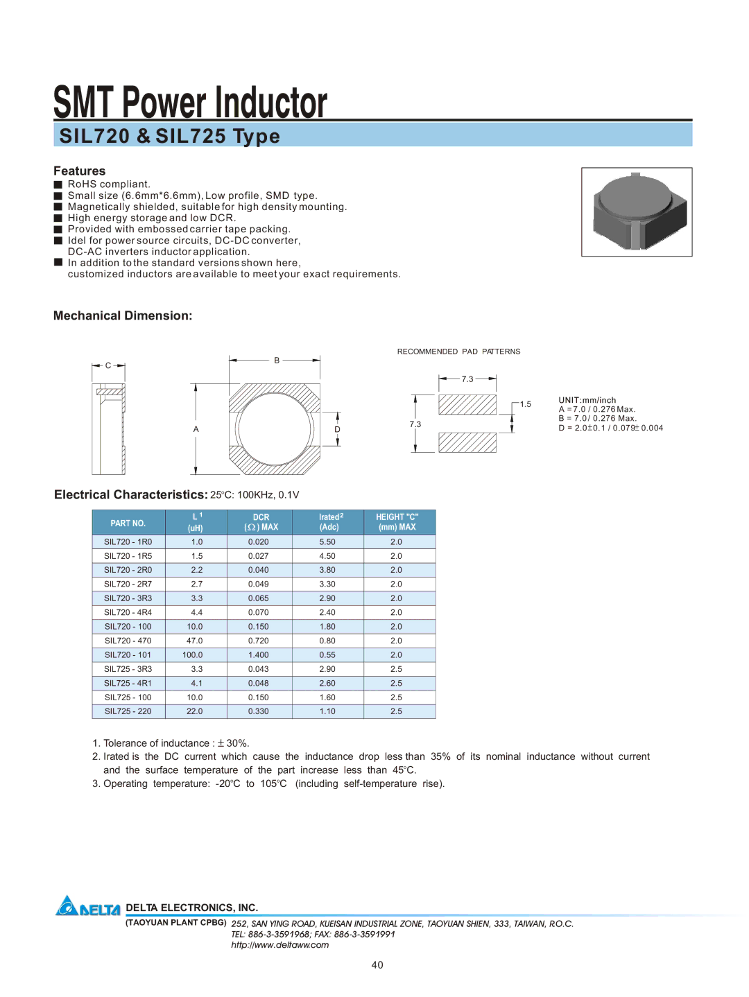 Delta Electronics manual SMT Power Inductor, SIL720 & SIL725 Type, Features, Mechanical Dimension 