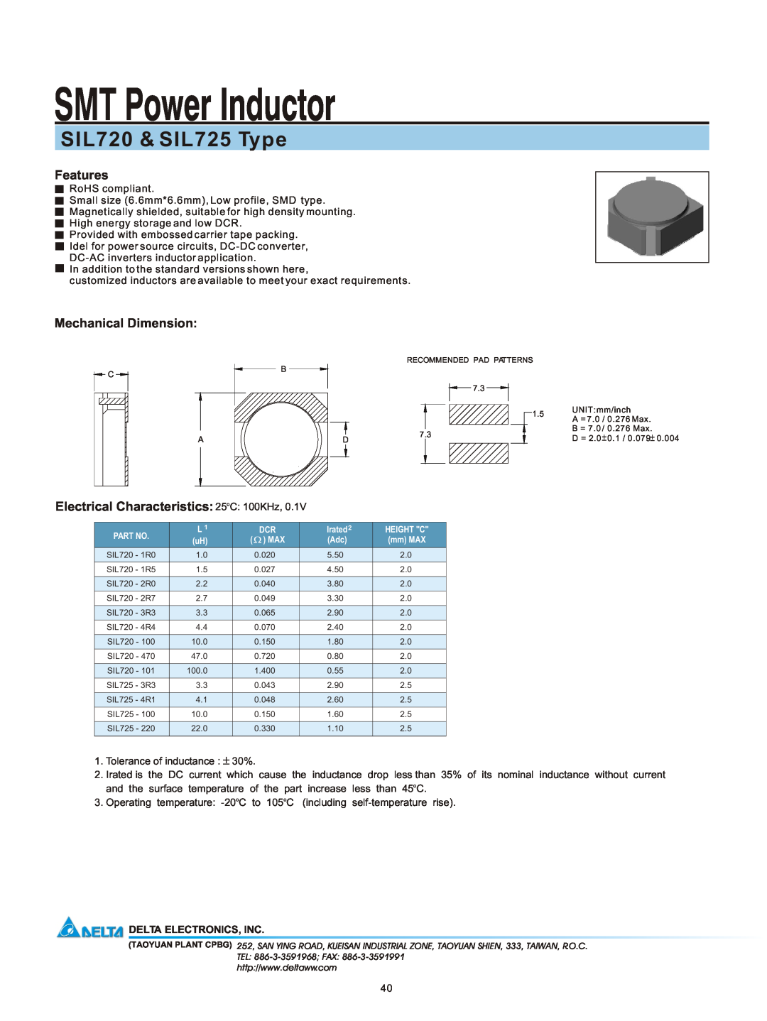 Delta Electronics manual SMT Power Inductor, SIL720 & SIL725 Type, Features, Mechanical Dimension 