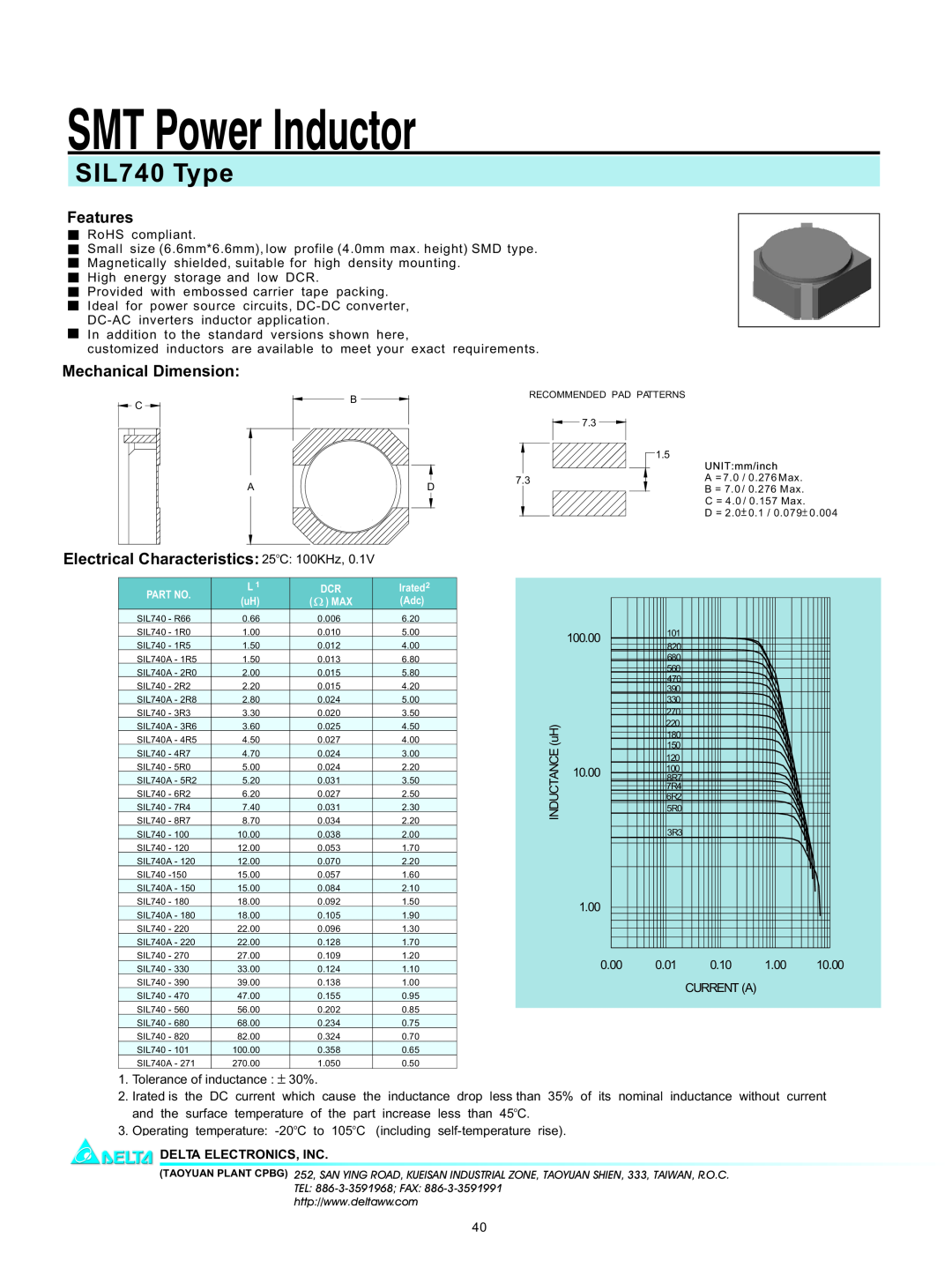 Delta Electronics manual SMT Power Inductor, SIL740 Type, Features, Mechanical Dimension, Delta Electronics, Inc 