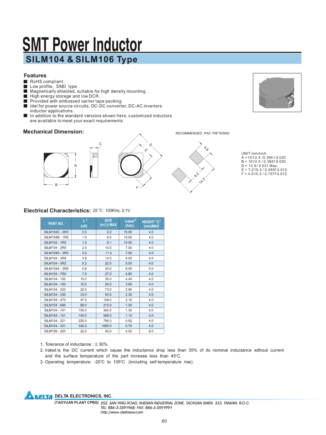 Delta Electronics manual SMT Power Inductor, SILM104 & SILM106 Type, Features, Mechanical Dimension 