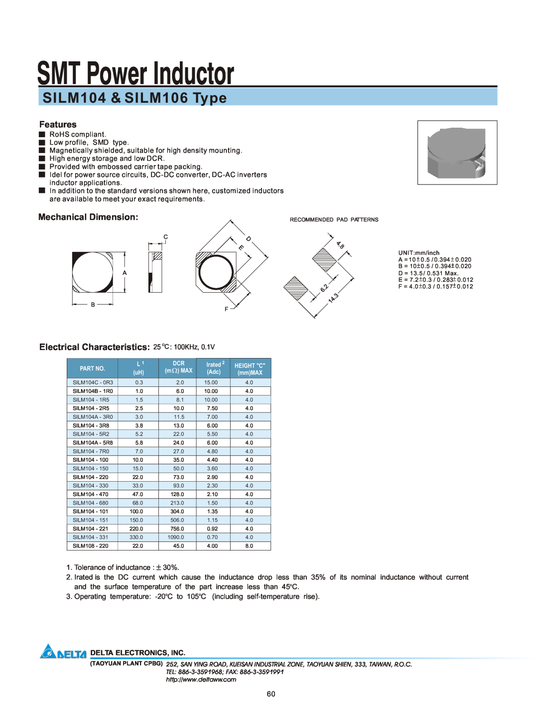 Delta Electronics manual SMT Power Inductor, SILM104 & SILM106 Type, Features, Mechanical Dimension 