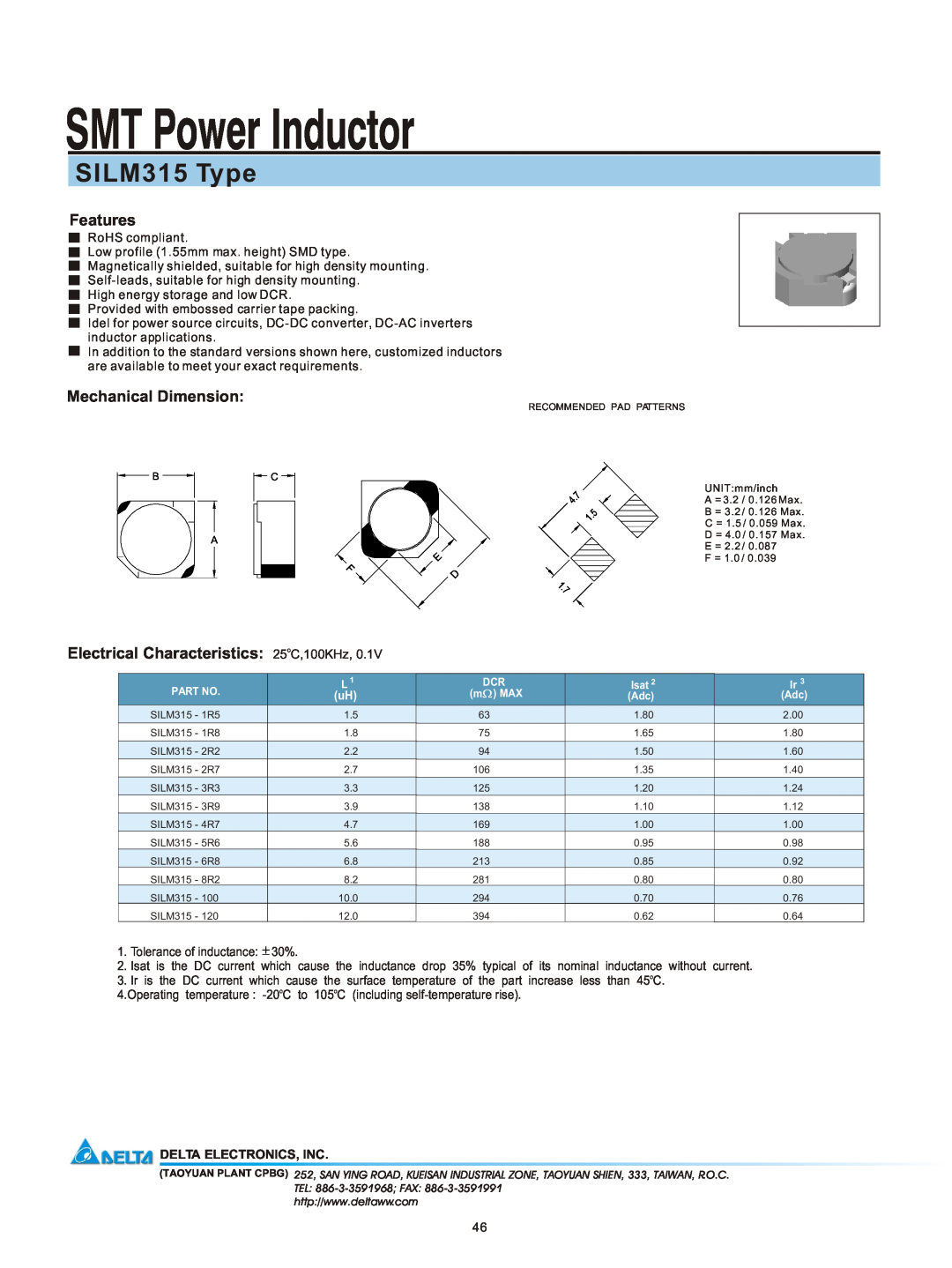 Delta Electronics manual SMT Power Inductor, SILM315 Type, Features, Mechanical Dimension, Delta Electronics, Inc 
