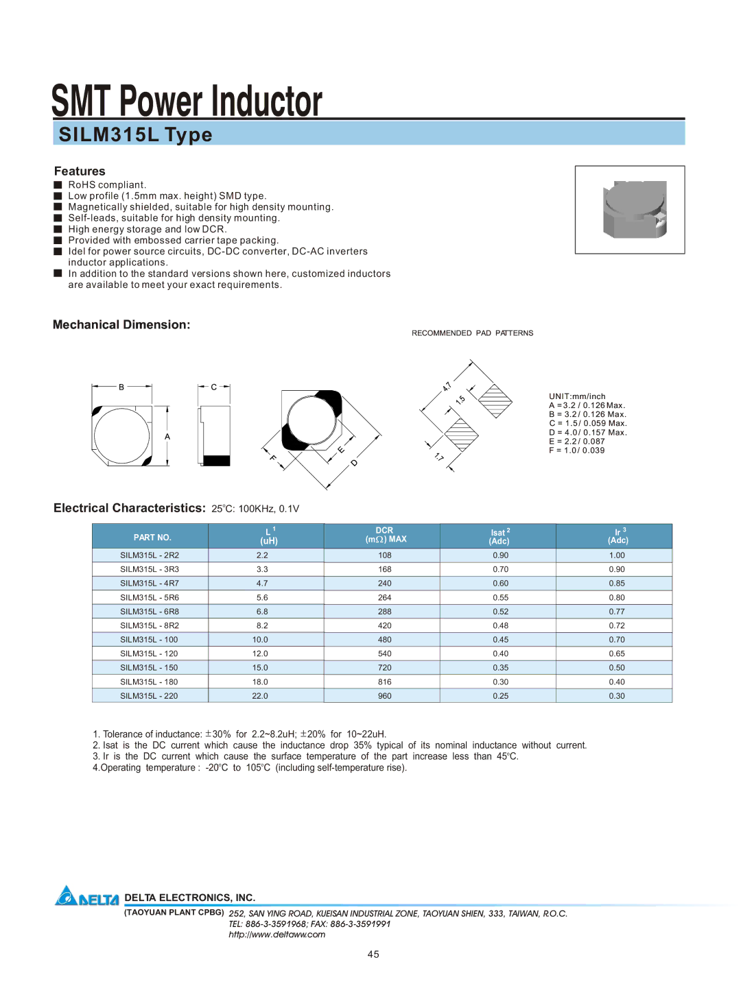 Delta Electronics manual SMT Power Inductor, SILM315L Type, Features, Mechanical Dimension 