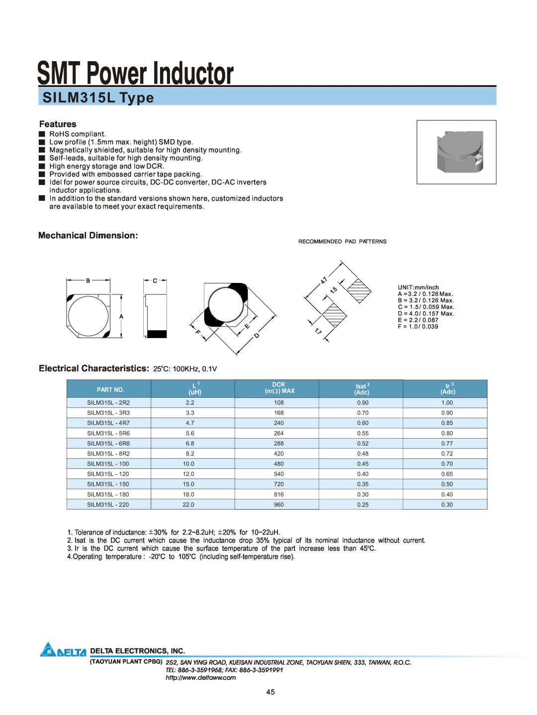 Delta Electronics manual SMT Power Inductor, SILM315L Type, Features, Mechanical Dimension, Delta Electronics, Inc 