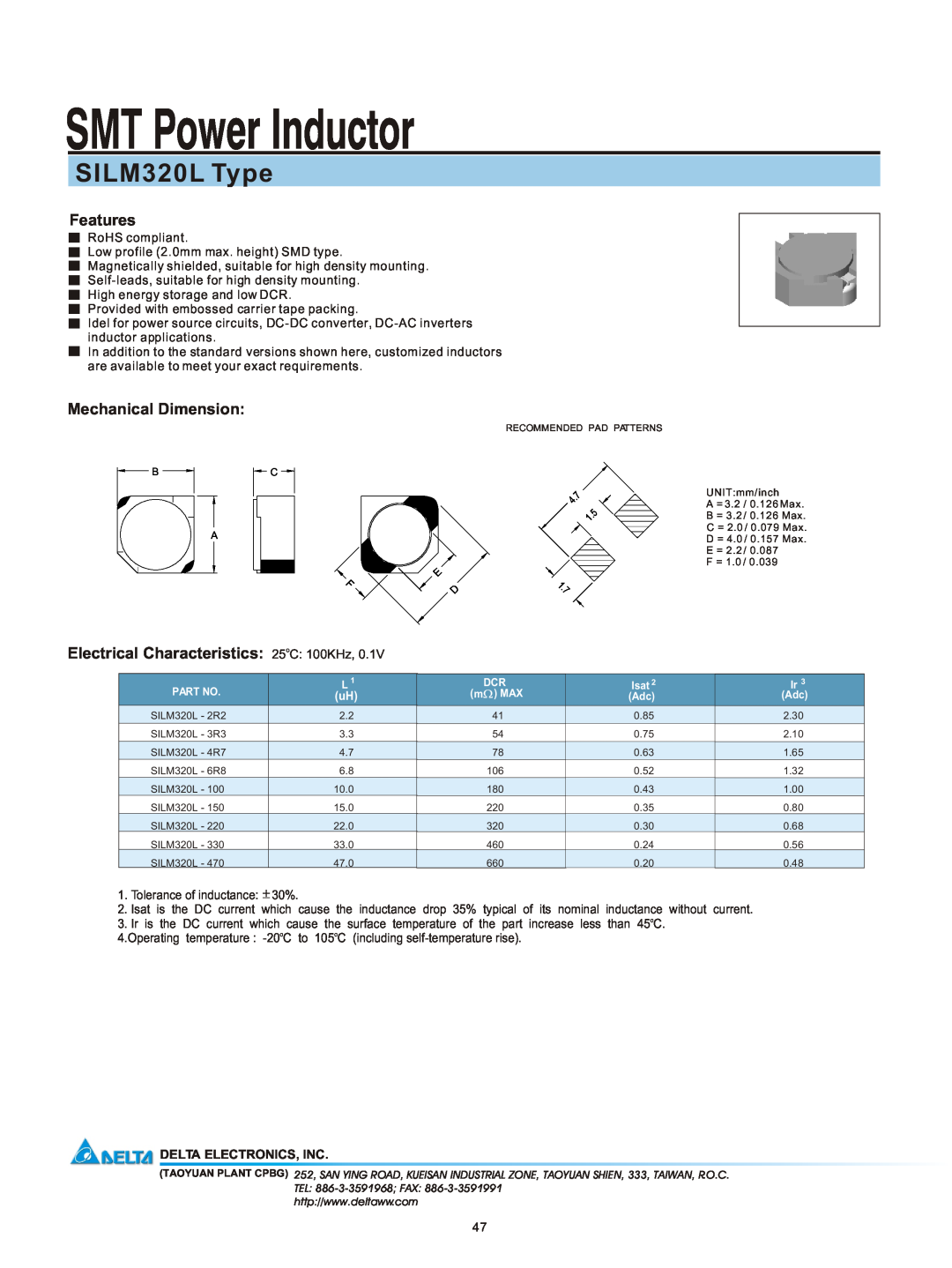 Delta Electronics manual SMT Power Inductor, SILM320L Type, Features, Mechanical Dimension, Delta Electronics, Inc 
