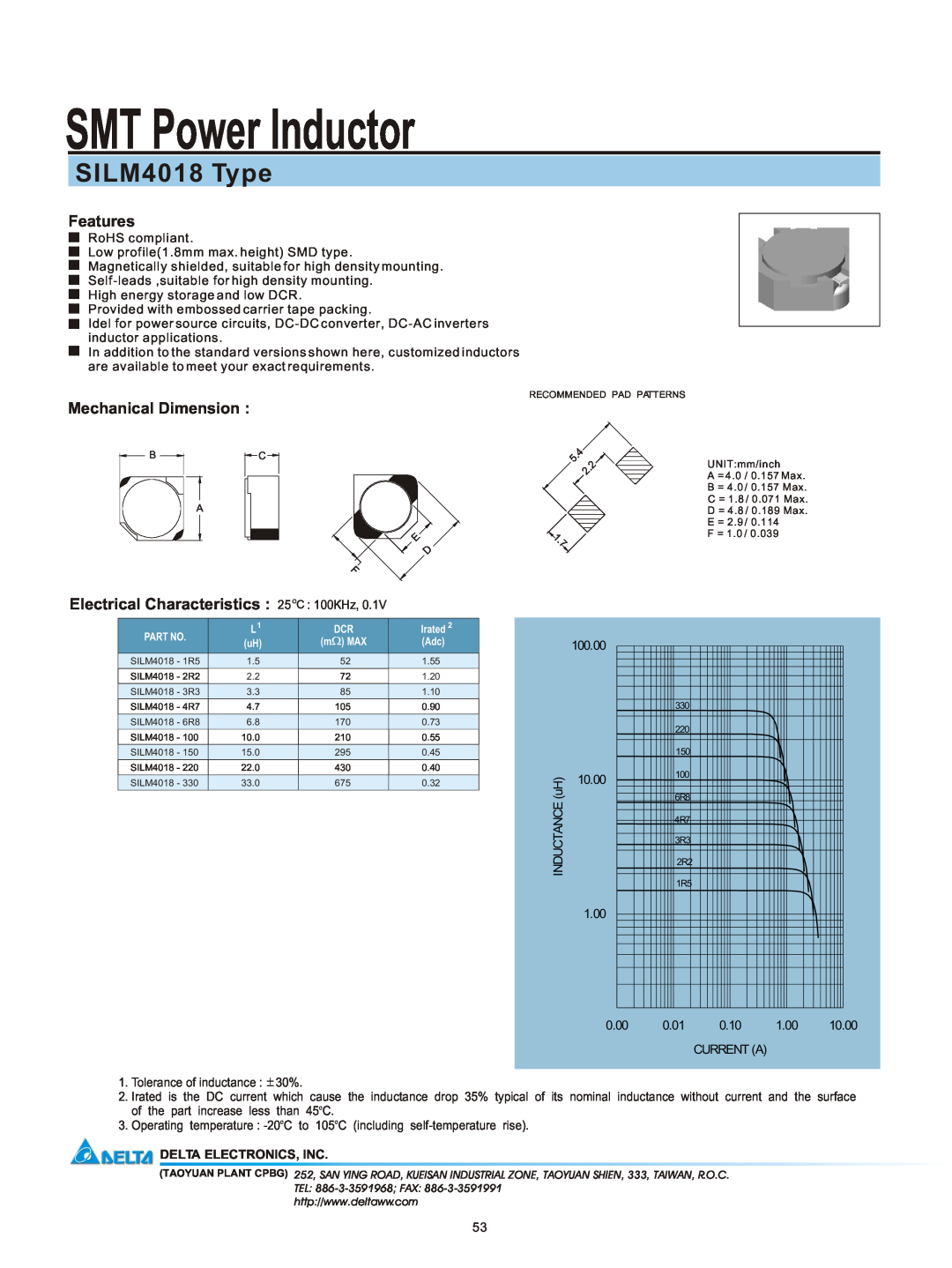 Delta Electronics manual SMT Power Inductor, SILM4018 Type, Features, Mechanical Dimension, Delta Electronics, Inc 