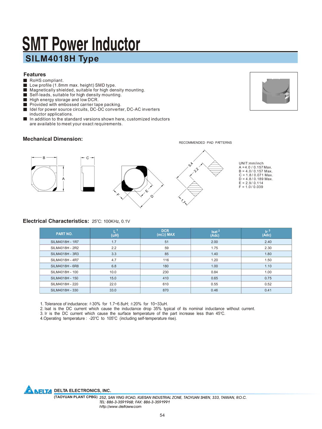 Delta Electronics manual SMT Power Inductor, SILM4018H Type, Features, Mechanical Dimension 