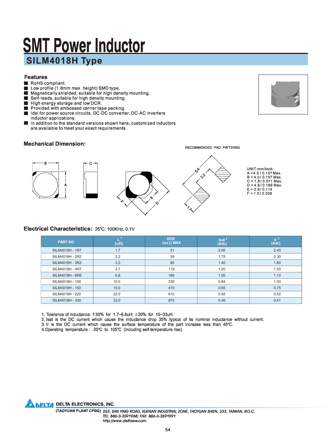 Delta Electronics manual SMT Power Inductor, SILM4018H Type, Features, Mechanical Dimension, Delta Electronics, Inc 