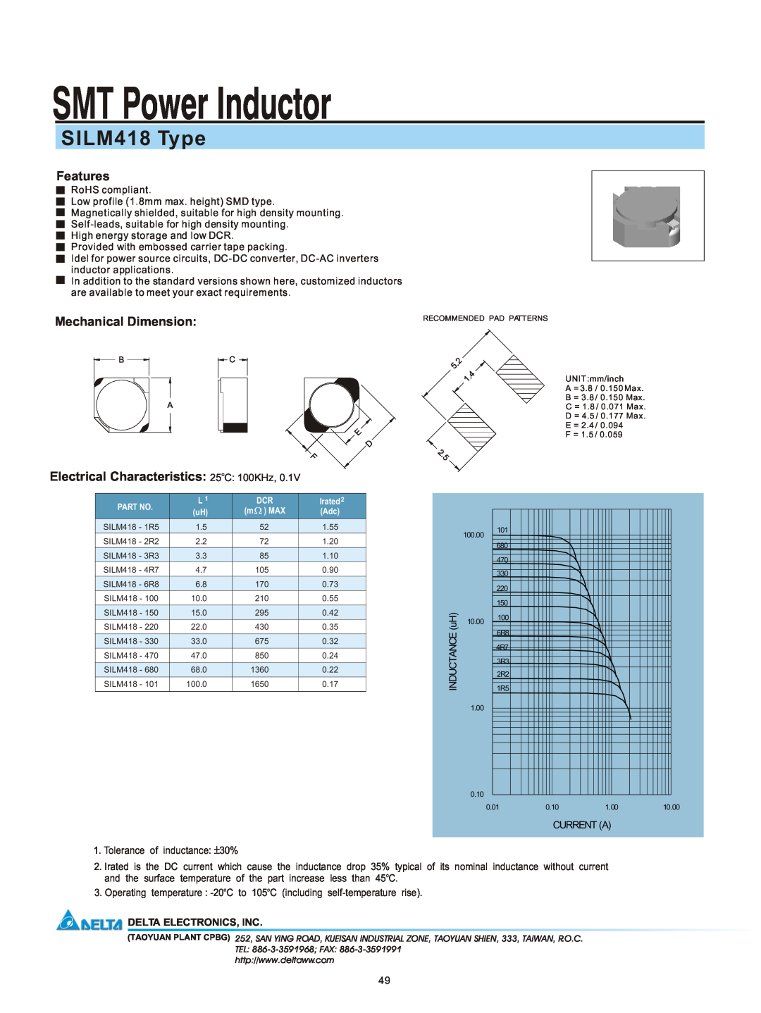 Delta Electronics manual SMT Power Inductor, SILM418 Type, Features, Mechanical Dimension, Delta Electronics, Inc 