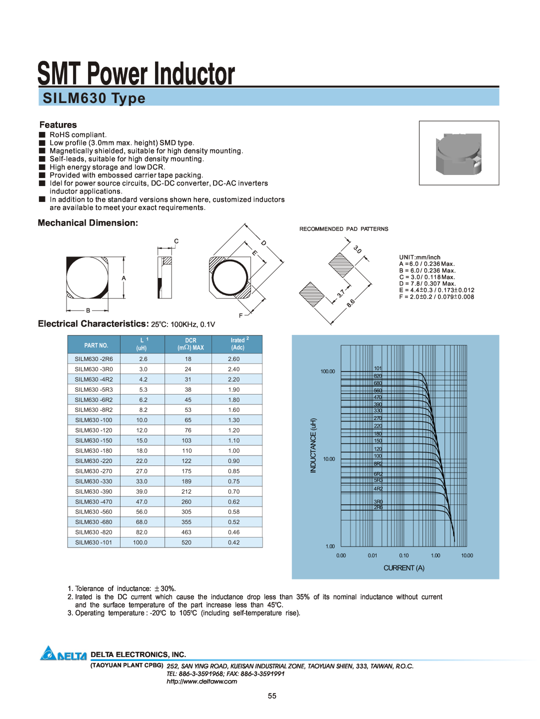 Delta Electronics manual SMT Power Inductor, SILM630 Type, Features, Mechanical Dimension, Delta Electronics, Inc 