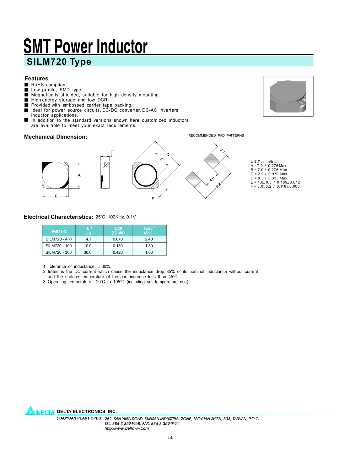 Delta Electronics manual SMT Power Inductor, SILM720 Type, Features, Mechanical Dimension, Delta Electronics, Inc 