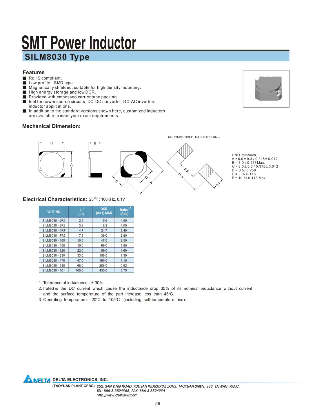 Delta Electronics manual SMT Power Inductor, SILM8030 Type, Features, Delta ELECTRONICS, INC, Dcr 