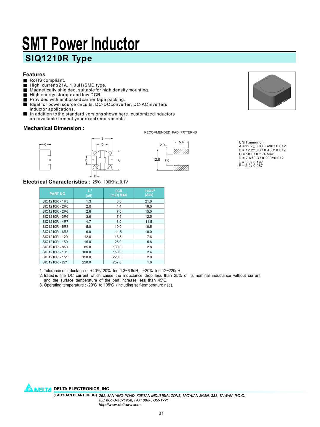 Delta Electronics manual SMT Power Inductor, SIQ1210R Type, Features, Mechanical Dimension, Delta Electronics, Inc 