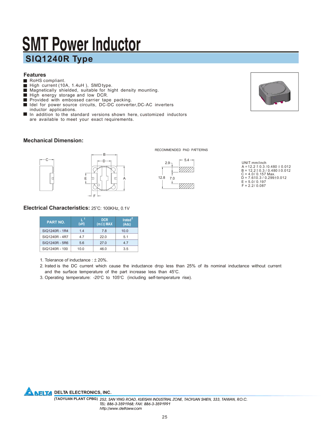 Delta Electronics manual SMT Power Inductor, SIQ1240R Type, Features, Mechanical Dimension 