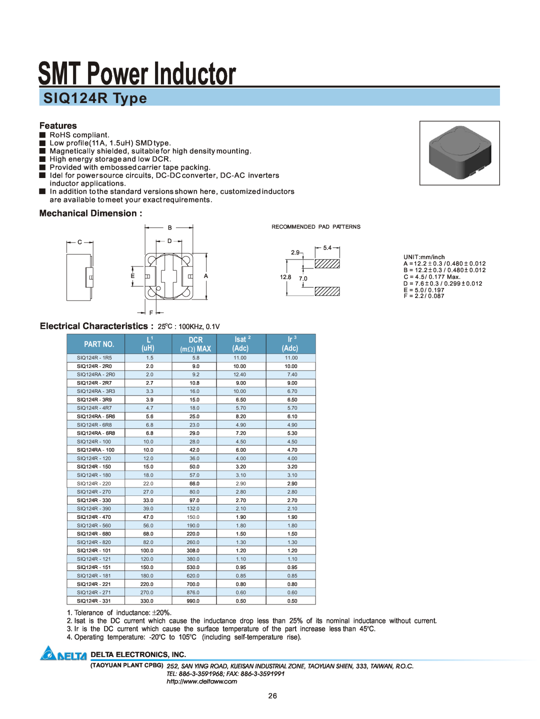 Delta Electronics manual SMT Power Inductor, SIQ124R Type, Features, Mechanical Dimension, Isat, Delta Electronics, Inc 