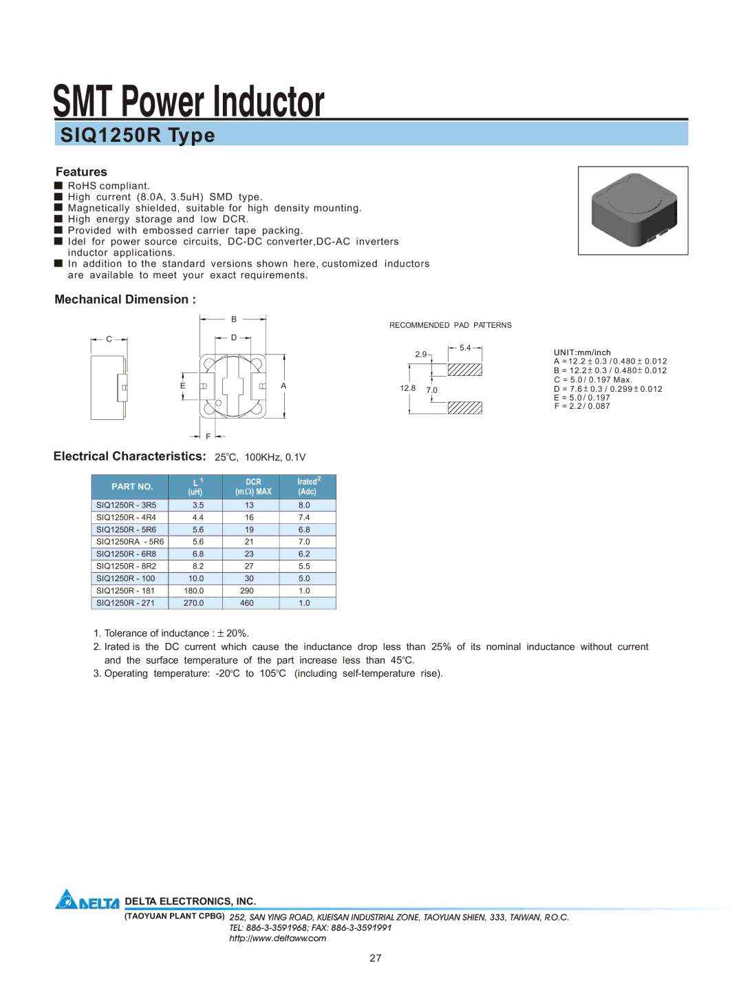 Delta Electronics manual SMT Power Inductor, SIQ1250R Type, Features, Mechanical Dimension 