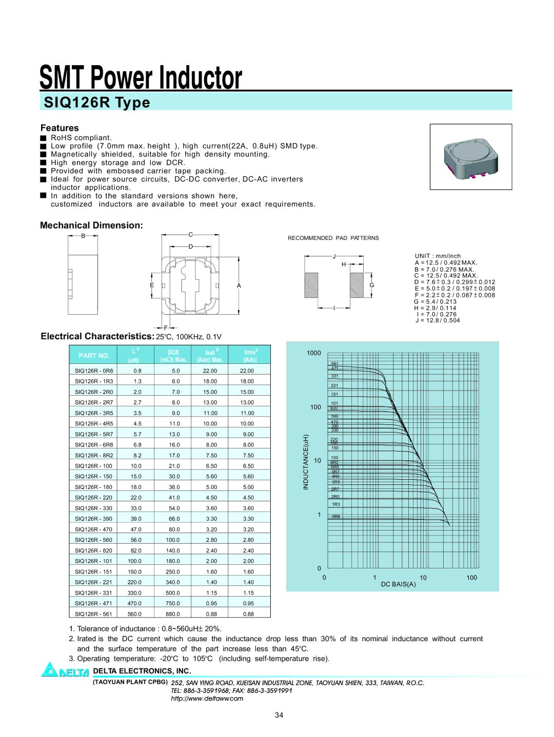 Delta Electronics manual SMT Power Inductor, SIQ126R Type, Features, Mechanical Dimension 