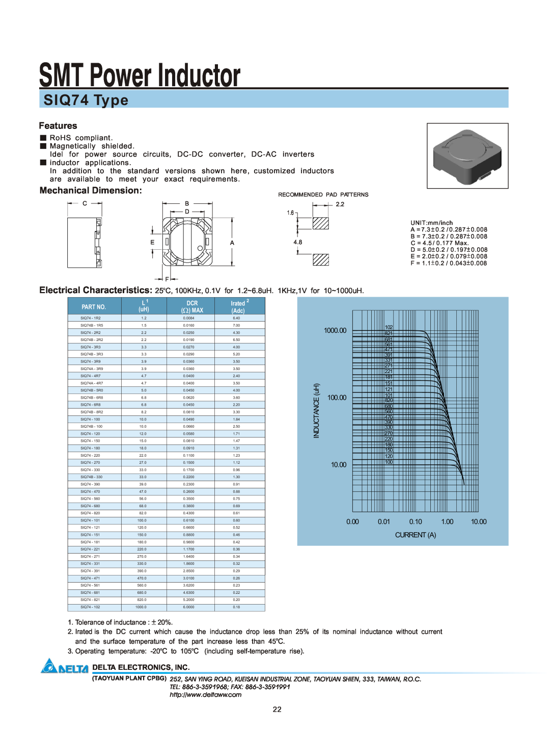 Delta Electronics manual SMT Power Inductor, SIQ74 Type, Features, Mechanical Dimension, Delta Electronics, Inc 