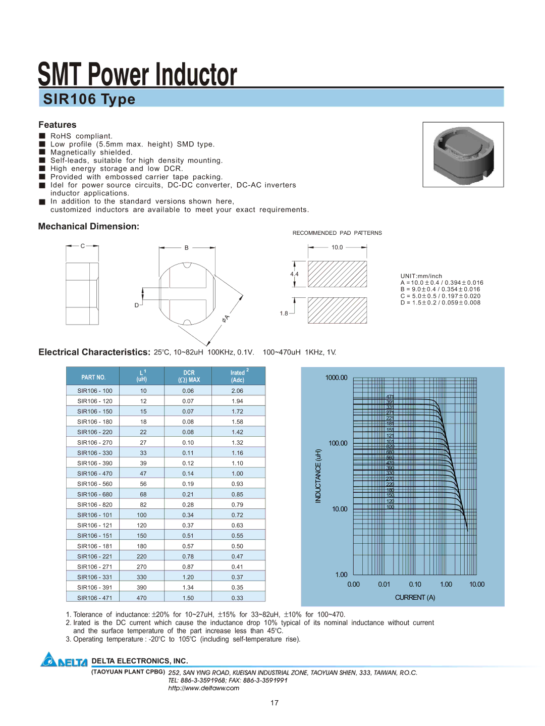 Delta Electronics manual SMT Power Inductor, SIR106 Type, Features, Mechanical Dimension, Delta ELECTRONICS, INC 