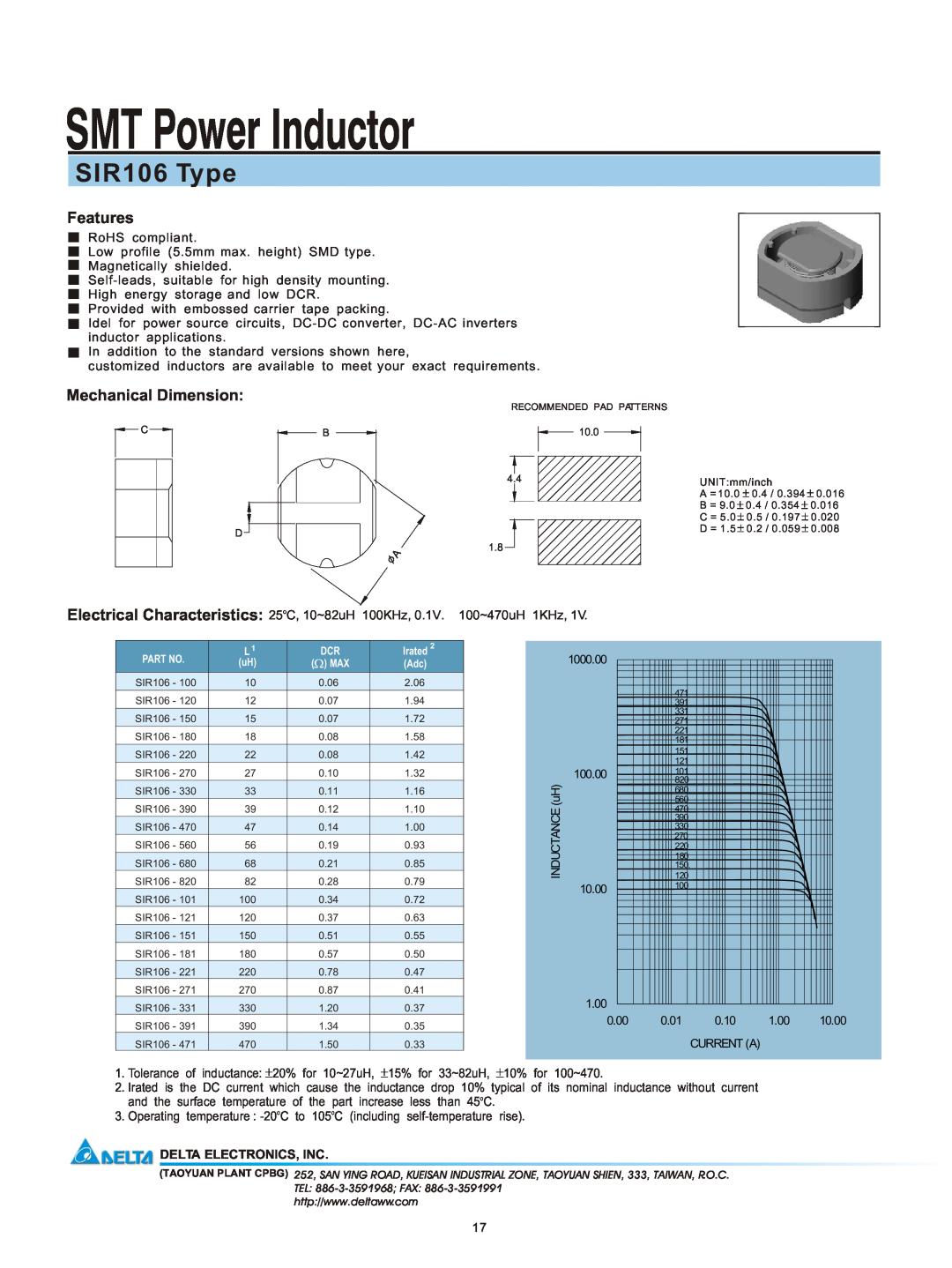 Delta Electronics manual SMT Power Inductor, SIR106 Type, Features, Mechanical Dimension, Delta Electronics, Inc 