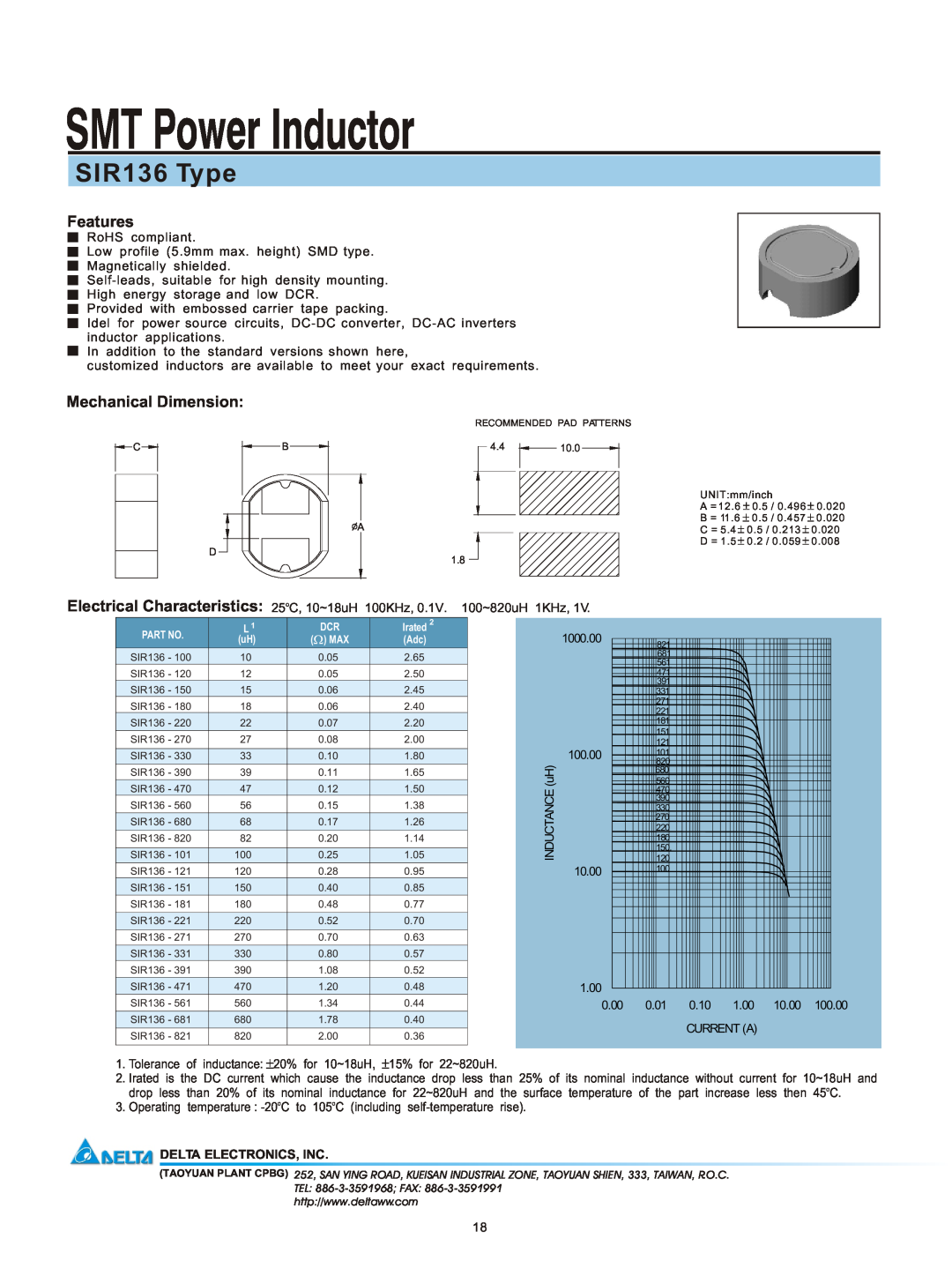 Delta Electronics manual SMT Power Inductor, SIR136 Type, Features, Mechanical Dimension, Delta Electronics, Inc 