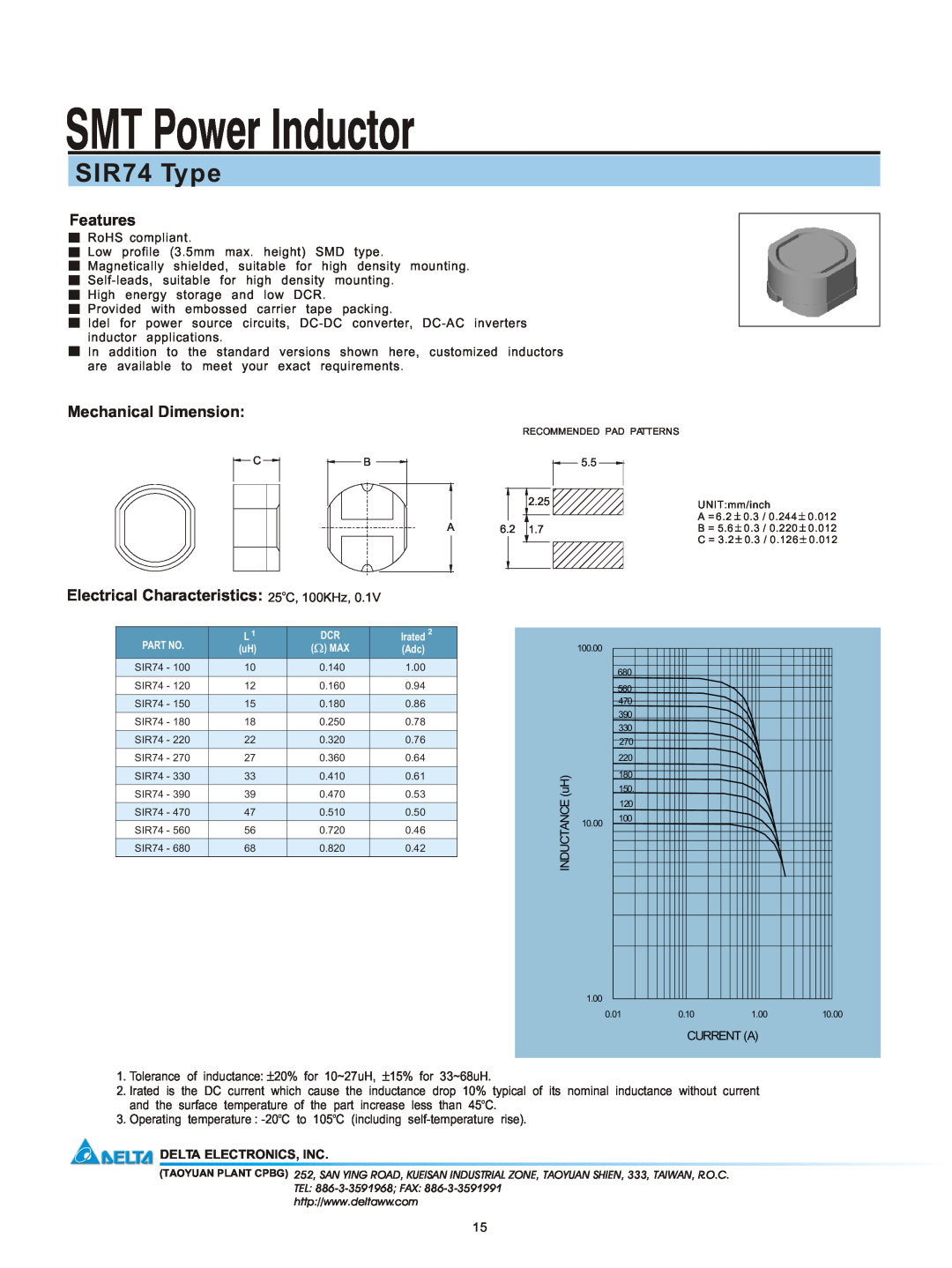 Delta Electronics manual SMT Power Inductor, SIR74 Type, Features, Mechanical Dimension, Delta Electronics, Inc 