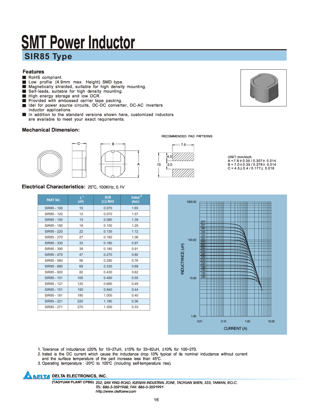 Delta Electronics manual SMT Power Inductor, SIR85 Type, Features, Mechanical Dimension, Delta Electronics, Inc 