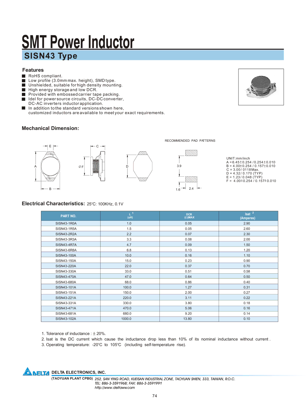 Delta Electronics manual SMT Power Inductor, SISN43 Type, Features, Mechanical Dimension 