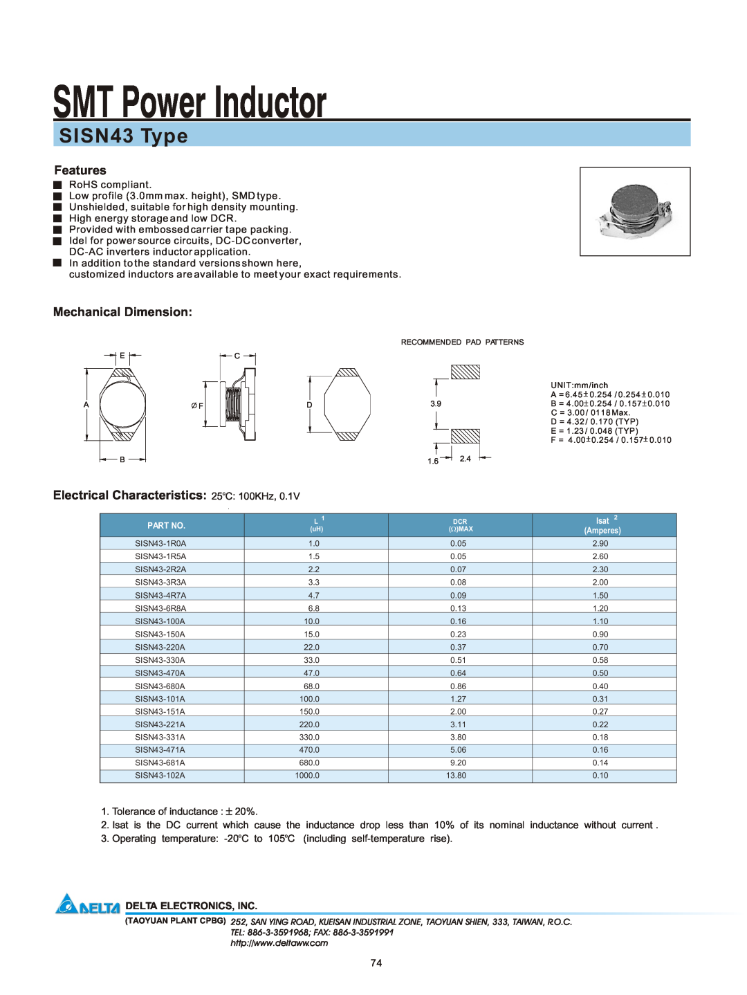 Delta Electronics manual SMT Power Inductor, SISN43 Type, Features, Mechanical Dimension, Delta Electronics, Inc 