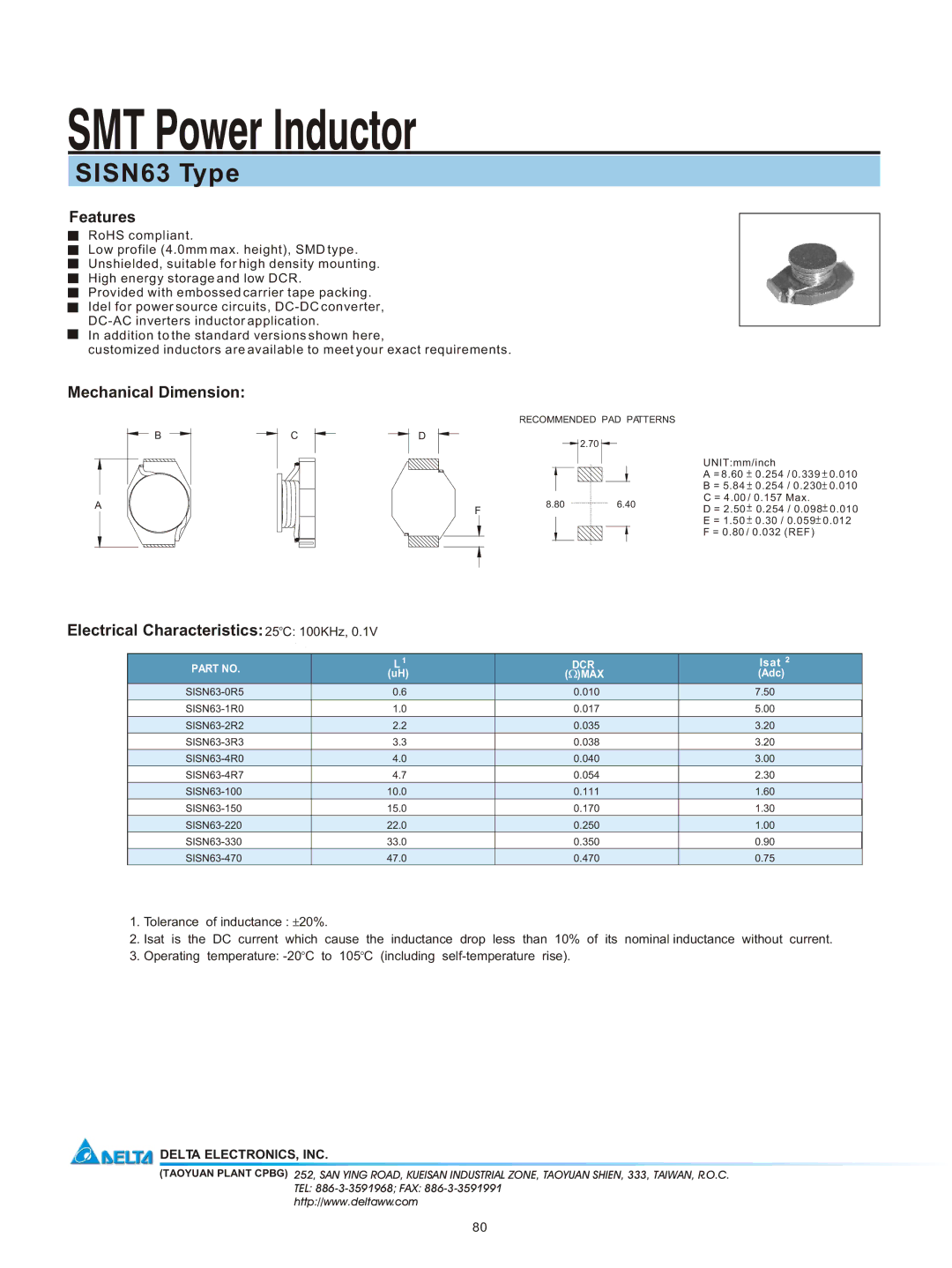 Delta Electronics manual SMT Power Inductor, SISN63 Type, Features, Mechanical Dimension 