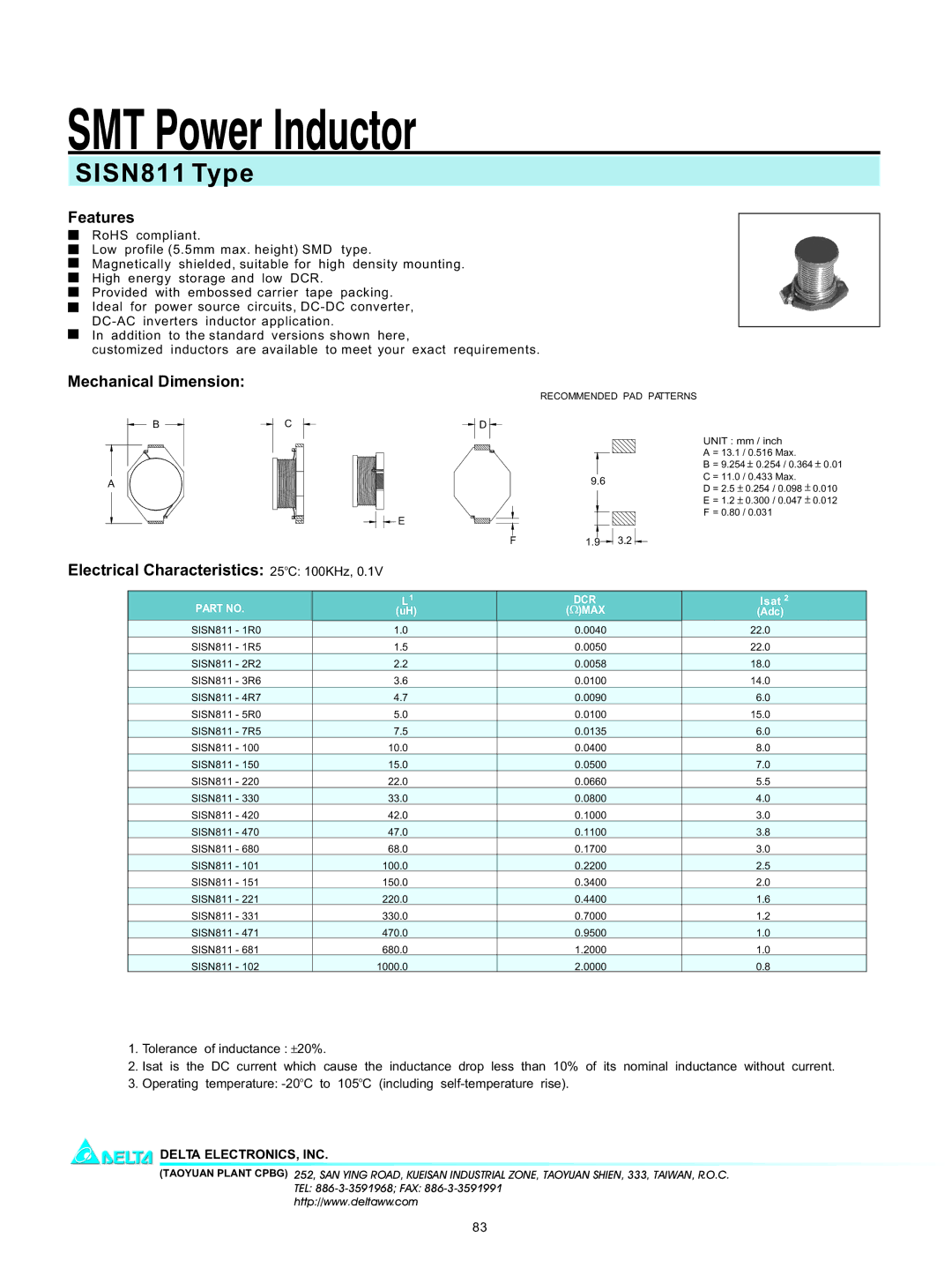 Delta Electronics manual SMT Power Inductor, SISN811 Type, Features, Mechanical Dimension 