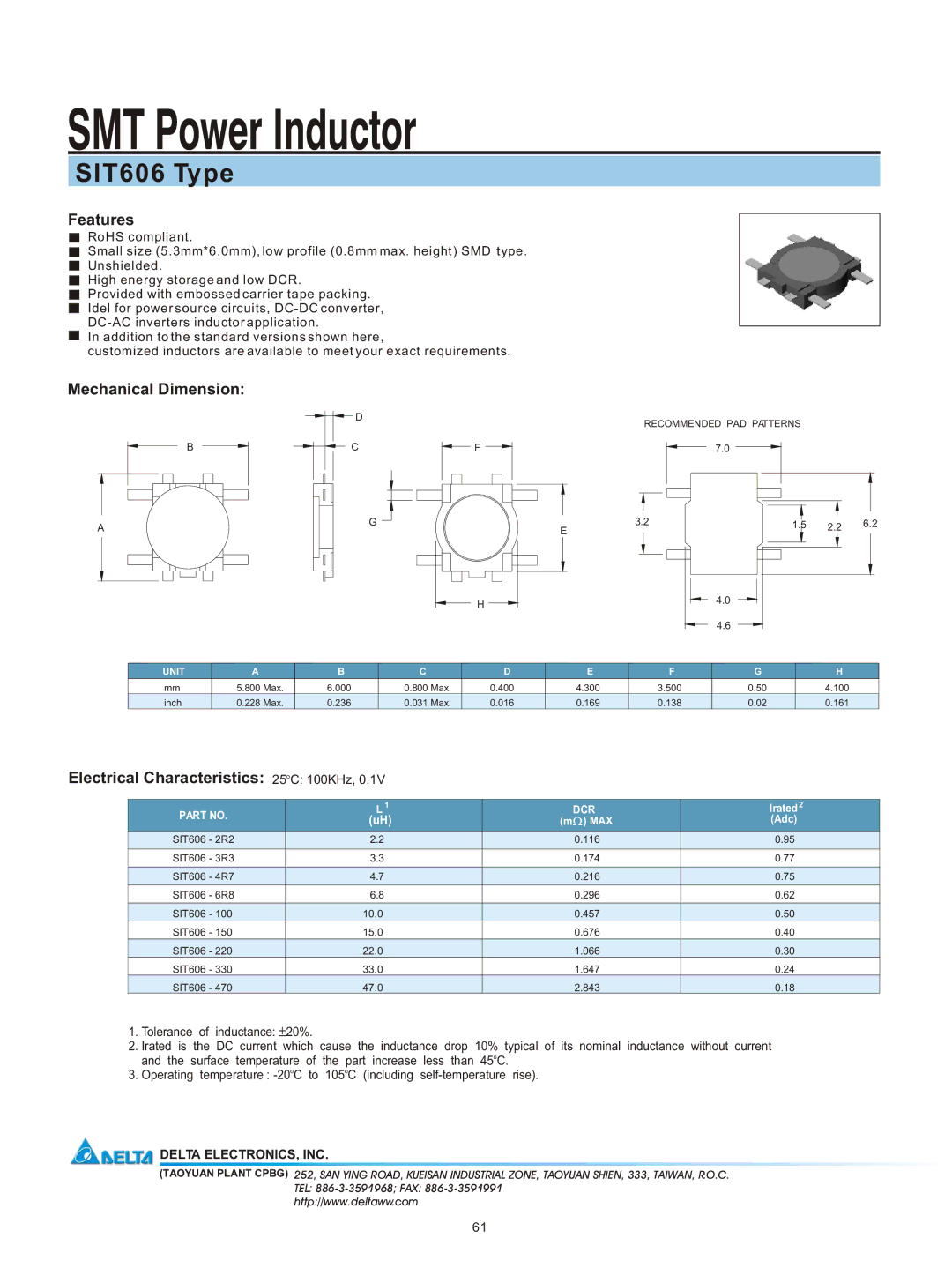 Delta Electronics manual SMT Power Inductor, SIT606 Type, Features, Mechanical Dimension 