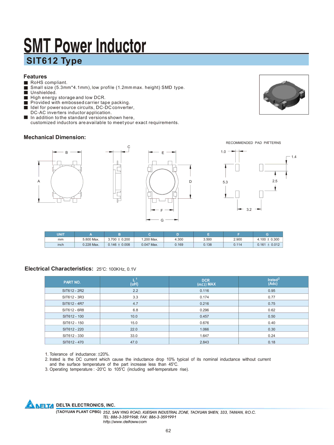 Delta Electronics manual SMT Power Inductor, SIT612 Type, Features, Mechanical Dimension, Electrical Characteristics 