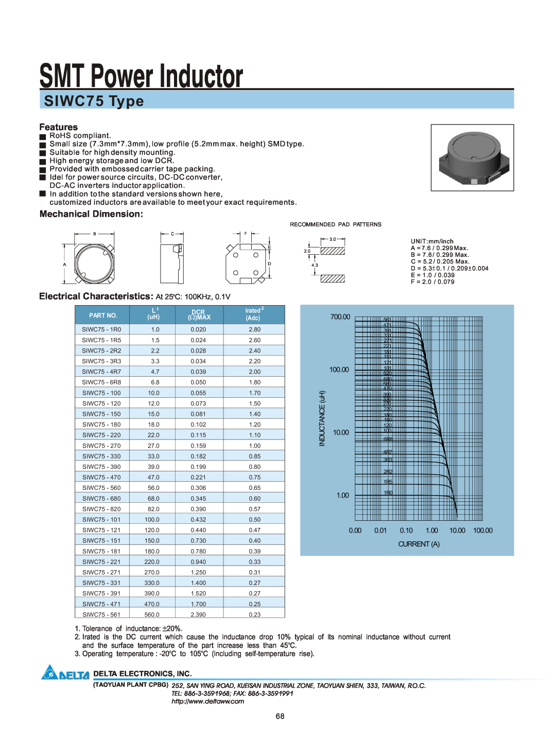 Delta Electronics manual SMT Power Inductor, SIWC75 Type, Features, Mechanical Dimension, Delta Electronics, Inc 
