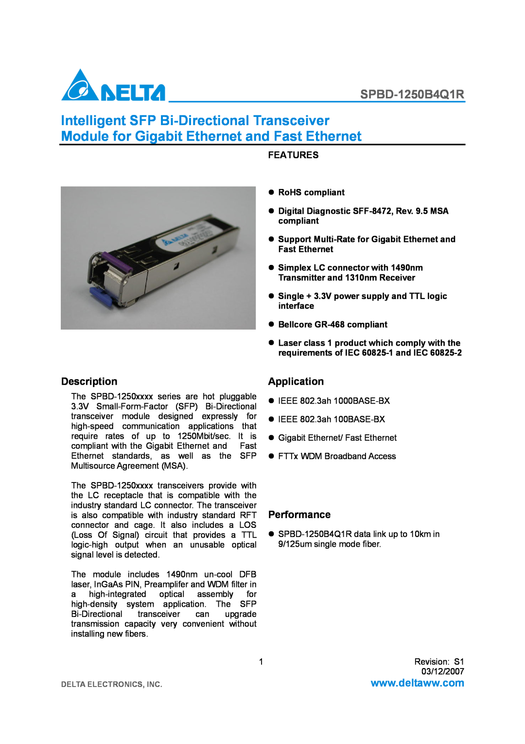 Delta Electronics SPBD-1250B4Q1R manual Description, Application, Performance, Bellcore GR-468 compliant, Features 