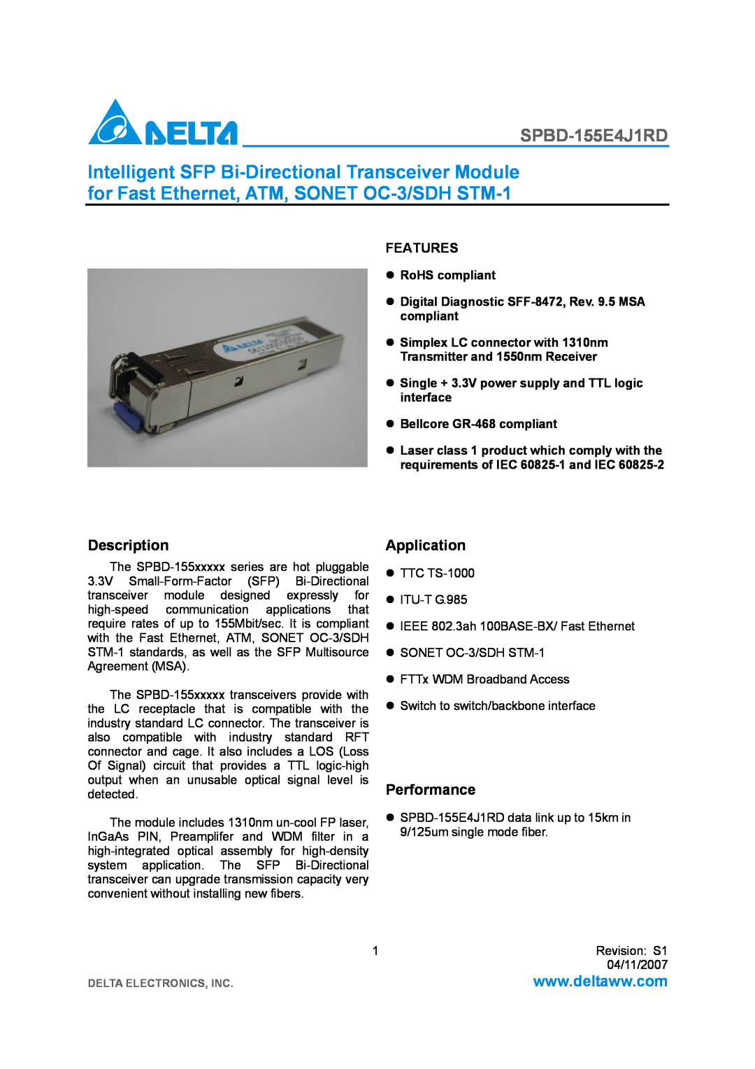 Delta Electronics SPBD-155E4J1RD manual Description, Application, Performance, Bellcore GR-468 compliant, Features 