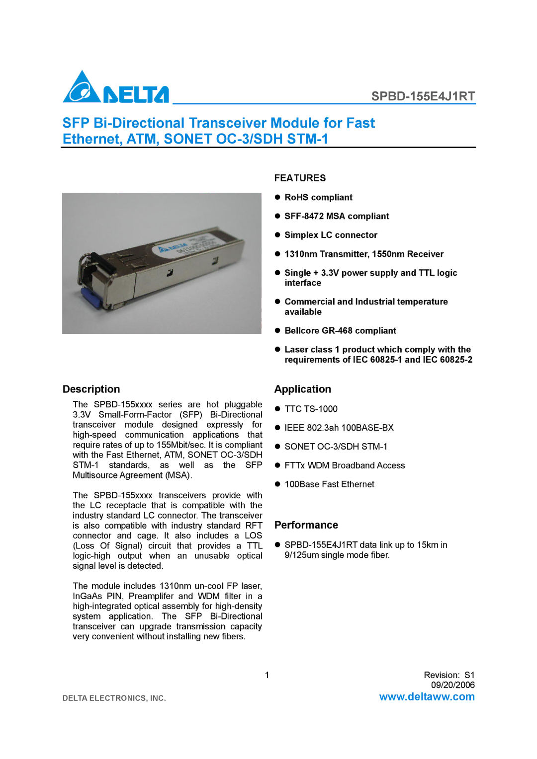 Delta Electronics SPBD-155E4J1RT manual Description, Application, Performance, Sonet OC-3/SDH STM-1 