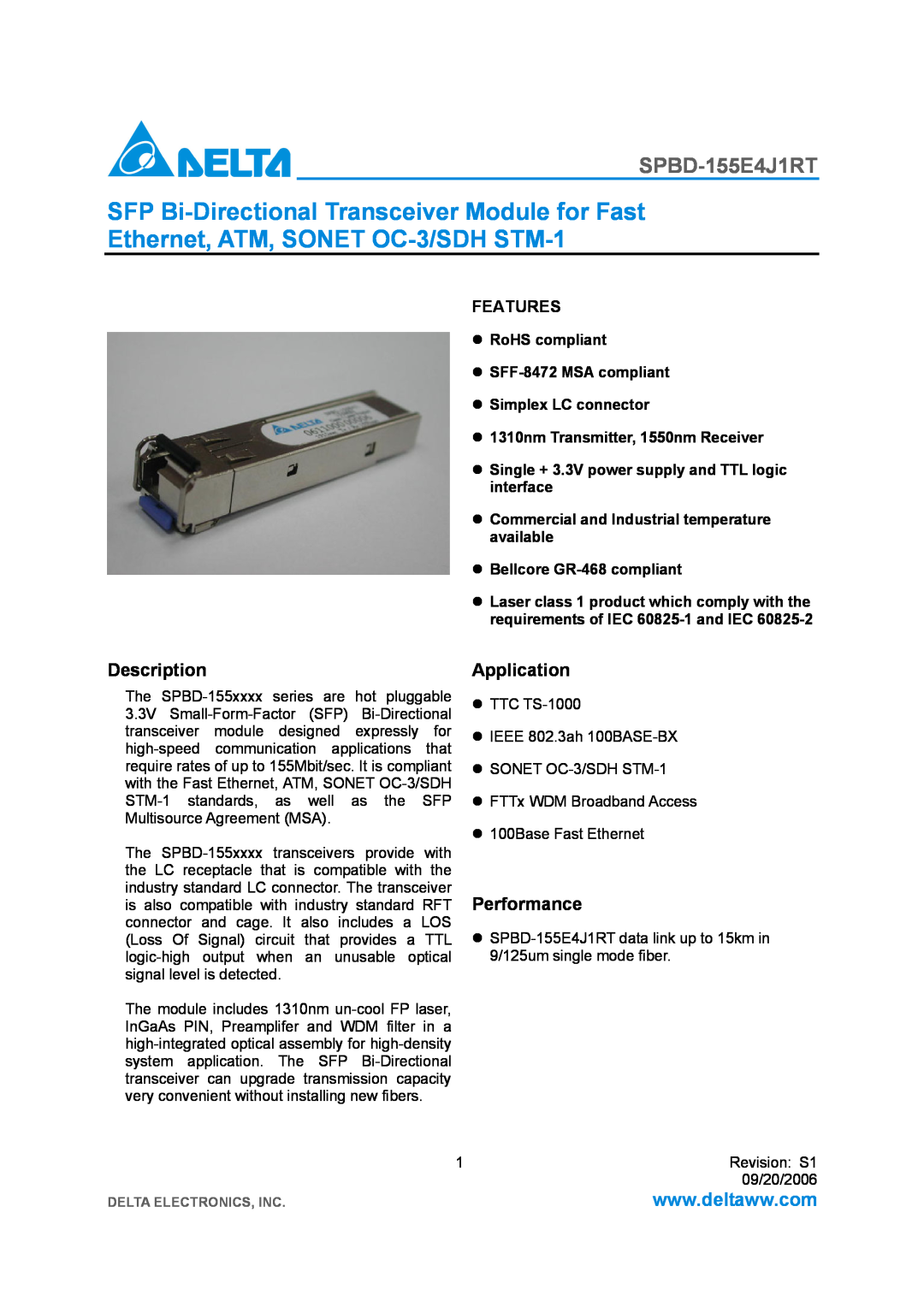Delta Electronics SPBD-155E4J1RT manual Description, Application, Performance, 1310nm Transmitter, 1550nm Receiver 