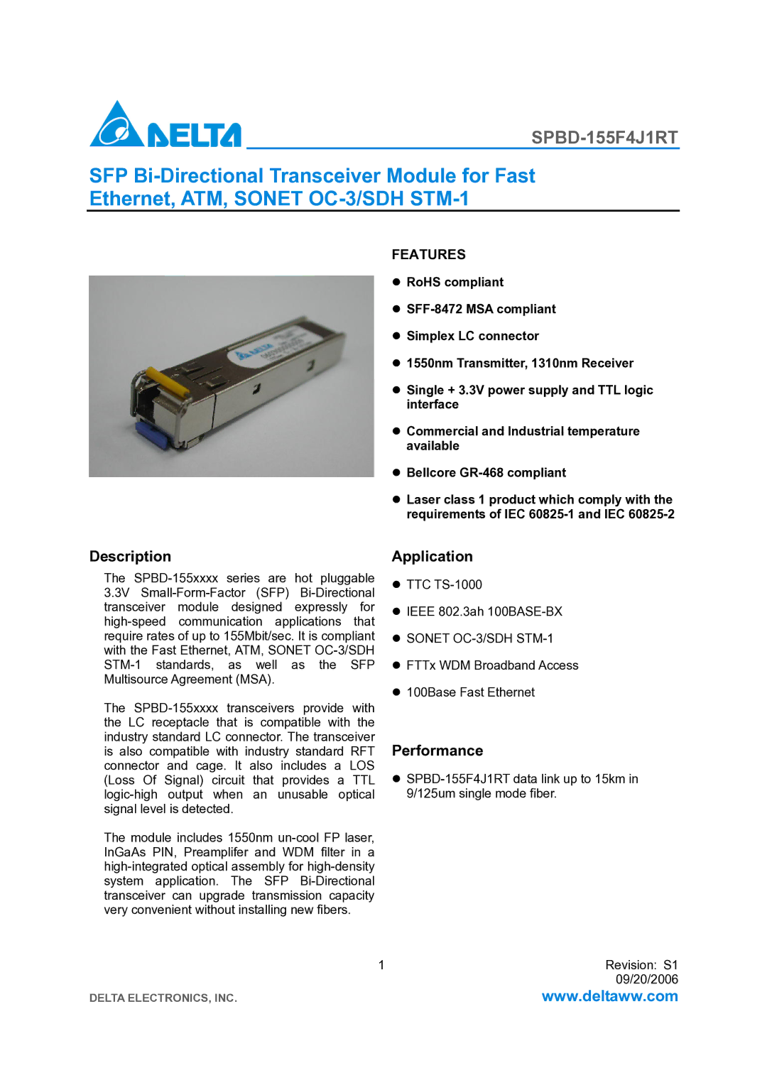 Delta Electronics SPBD-155F4J1RT manual Description, Application, Performance, Sonet OC-3/SDH STM-1 