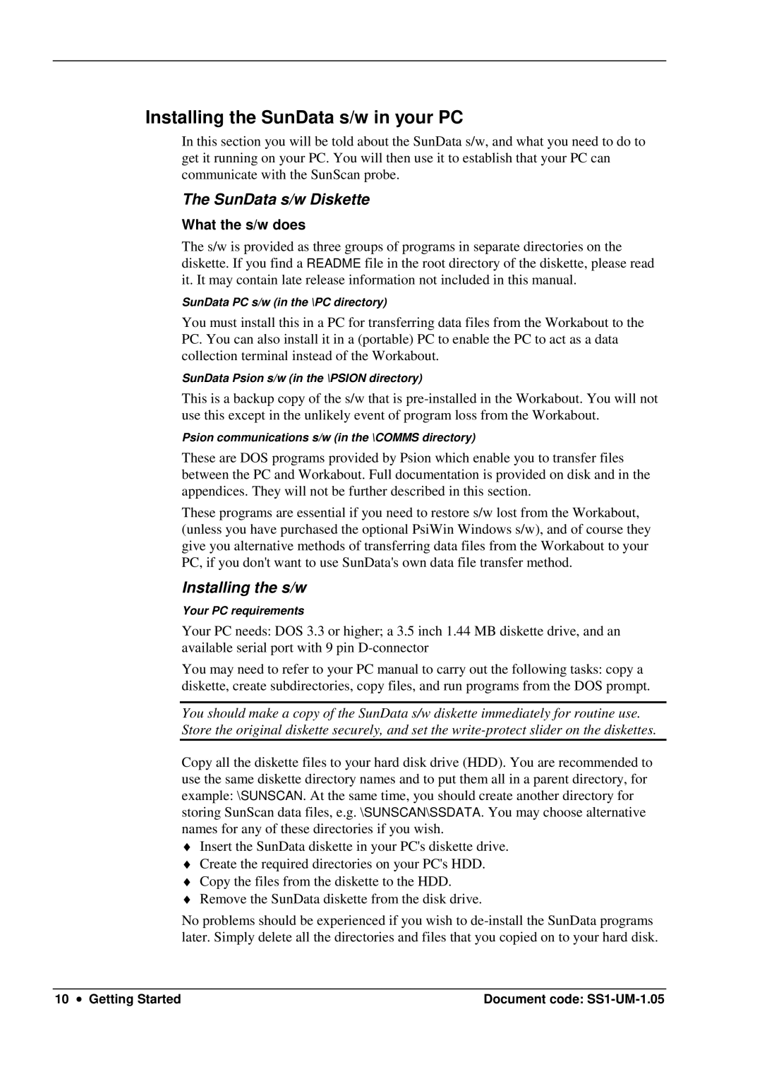 Delta Electronics SS1-UM-1.05 user manual Installing the SunData s/w in your PC, SunData s/w Diskette, Installing the s/w 