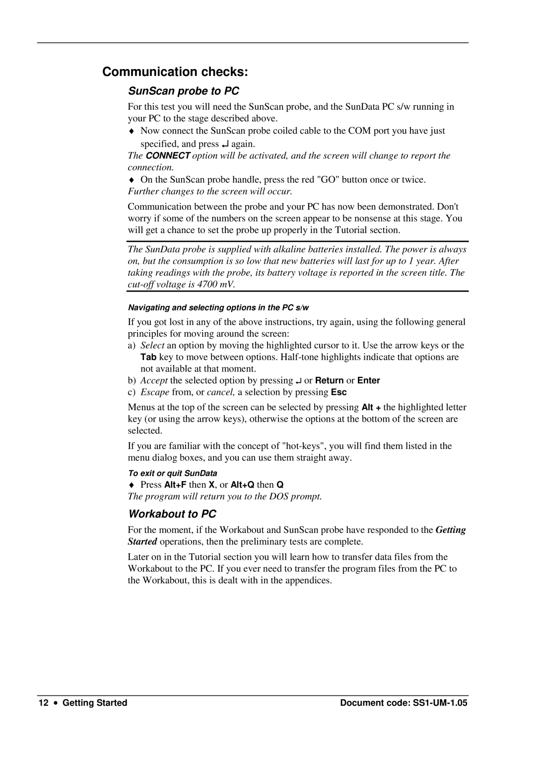 Delta Electronics SS1-UM-1.05 user manual Communication checks, SunScan probe to PC, Workabout to PC 