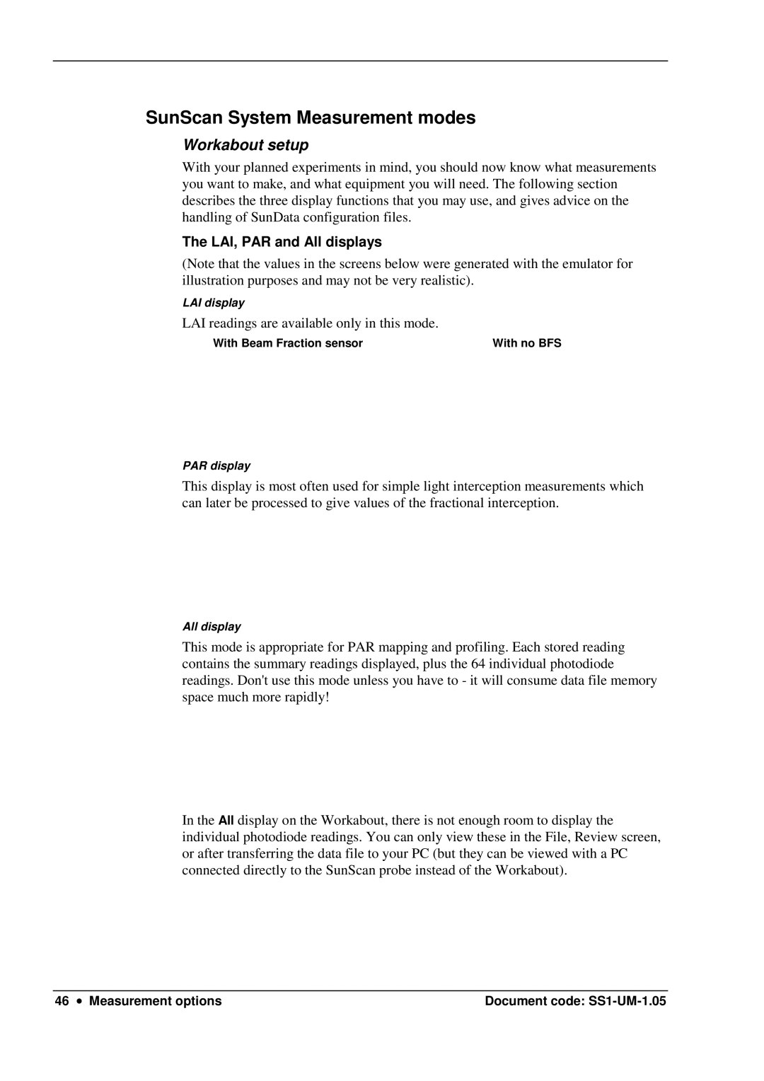 Delta Electronics SS1-UM-1.05 user manual SunScan System Measurement modes, Workabout setup, LAI, PAR and All displays 