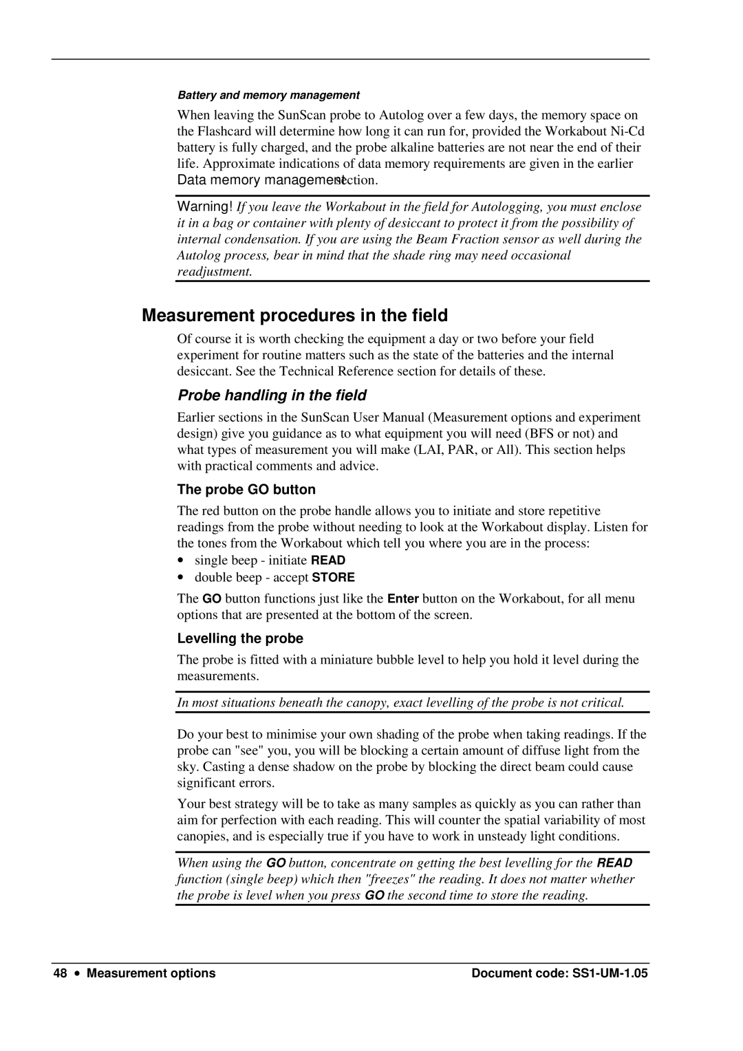 Delta Electronics SS1-UM-1.05 user manual Measurement procedures in the field, Probe handling in the field, Probe GO button 