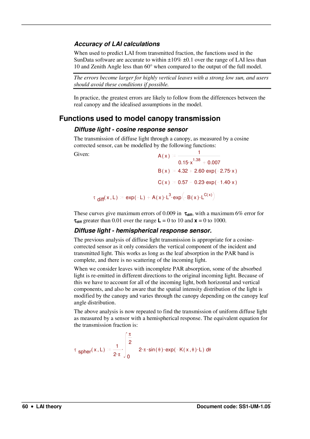 Delta Electronics SS1-UM-1.05 user manual Functions used to model canopy transmission, Accuracy of LAI calculations 