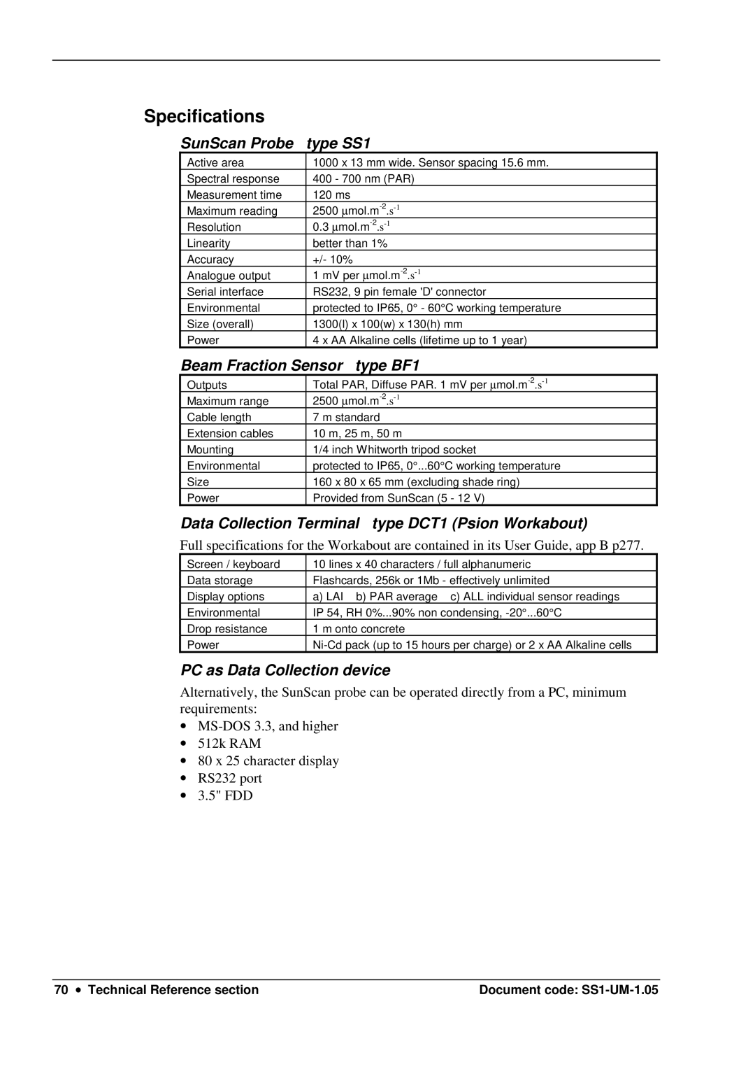 Delta Electronics SS1-UM-1.05 user manual Specifications, SunScan Probe Type SS1, Beam Fraction Sensor type BF1 