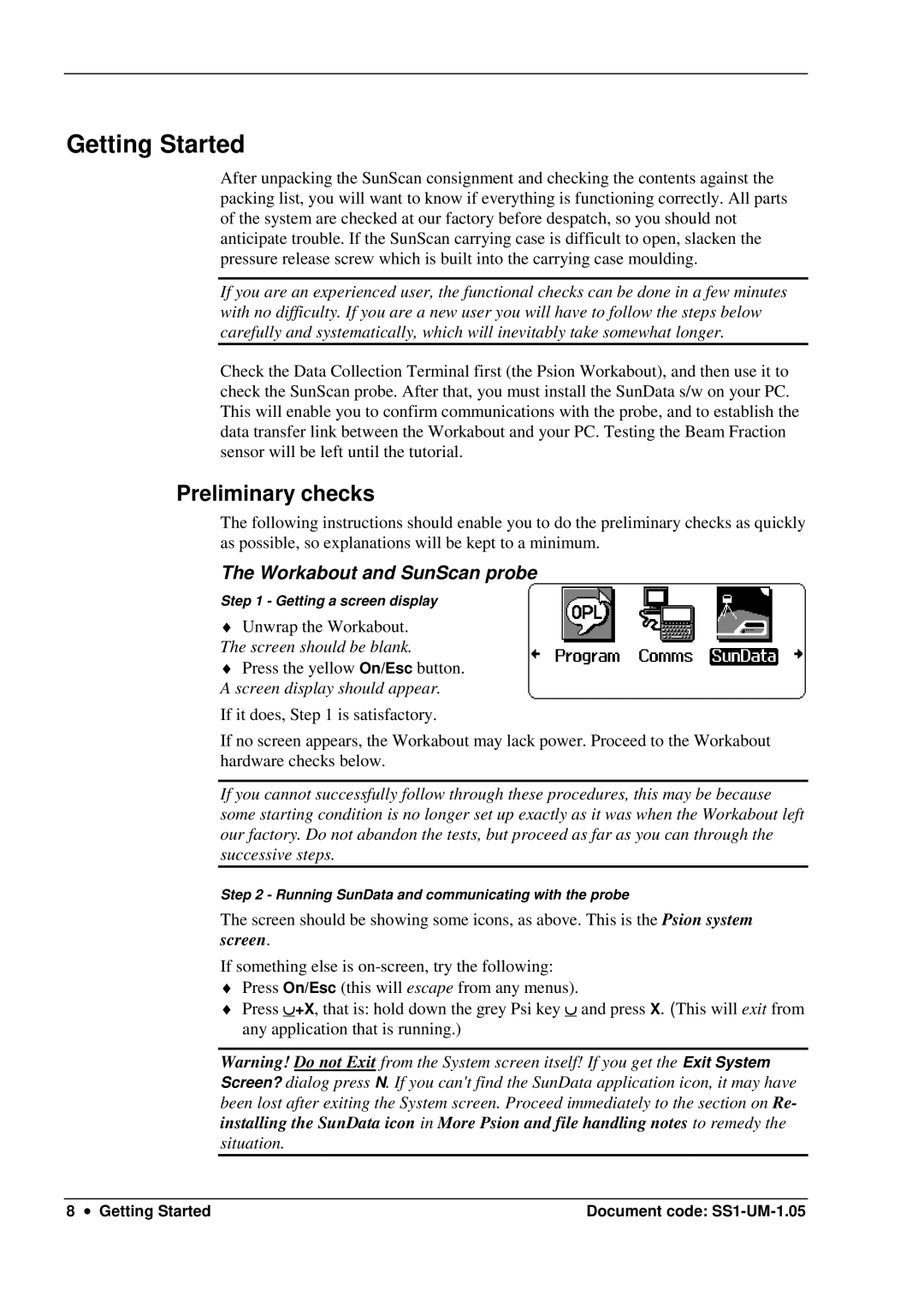 Delta Electronics SS1-UM-1.05 user manual Getting Started, Preliminary checks, Workabout and SunScan probe 