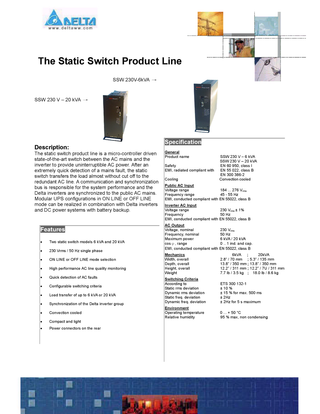 Delta Electronics SSW 230 V - 20 kVA manual Static Switch Product Line, Description, Features, Specification 