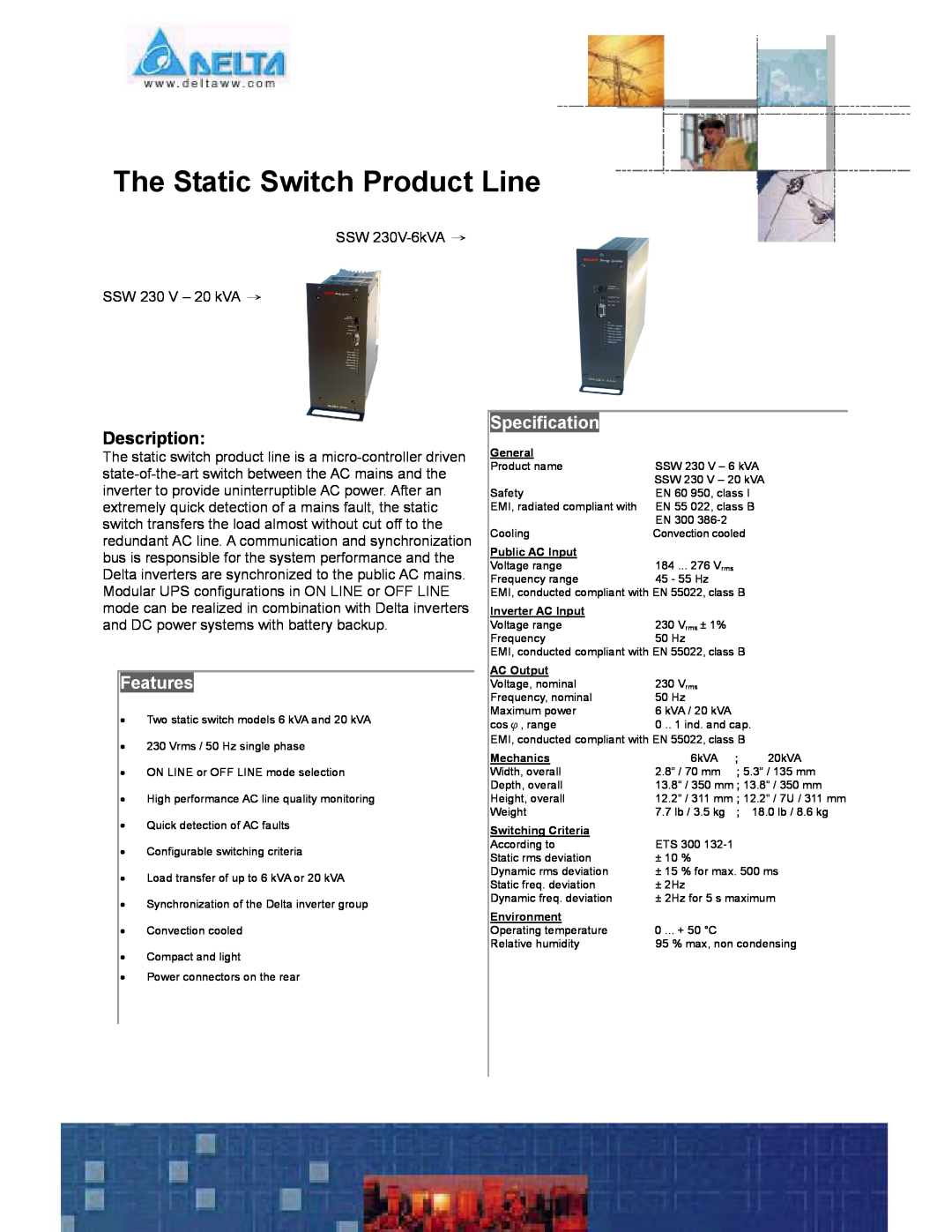 Delta Electronics SSW 230 V - 20 kVA manual The Static Switch Product Line, Description, Features, Specification, General 